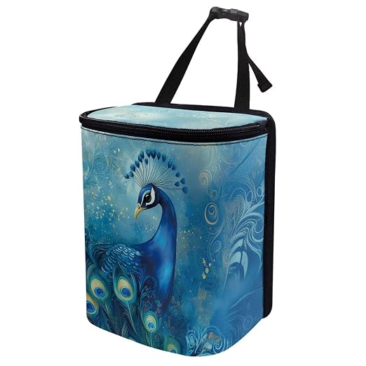 Talayituse Blue Peacock Print Car Trash Bin, Large Size Auto Trash Can Adjustable Portable Garbage Can with Lid, Vehicle Hanging Bag for Headrest Front Back Seat