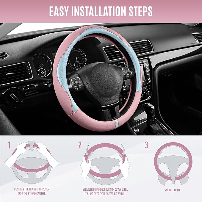 PIC AUTO Steering Wheel Cover, Light Blue Patterned & Pink Leather Patchwork Design, Universal Fit 14.5"–15.5", Anti-Slip, Odor-Free, Soft Grain Leather, Durable Grip Car Accessory for Girls & Women