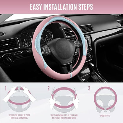 PIC AUTO Steering Wheel Cover, Light Blue Patterned & Pink Leather Patchwork Design, Universal Fit 14.5"–15.5", Anti-Slip, Odor-Free, Soft Grain Leather, Durable Grip Car Accessory for Girls & Women