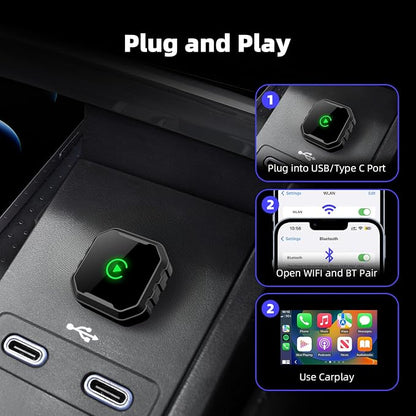 Wireless CarPlay Adapter for iPhone, Mini USB Design for Cars with Wired CarPlay, Fast Connection,5.8GHz WiFi,No Delay, Compatible with iOS 10+ & iPhone 6+, USB/Type C,Plug and Play (Dark Black)