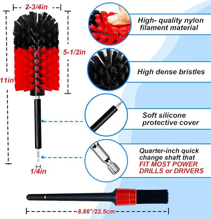 Wheel Brush Kit, Soft Drill Wheel Cleaner Brush, No Scratches Highly Dense Car Cleaning Brush Set for Wheels, Rims, Engines, Exhaust(Red/Black,2Pcs)