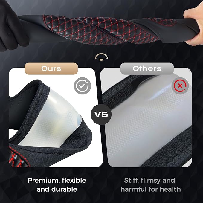 Coverado Nappa Leather Steering Wheel Cover Universal 14-15 Inch Anti-Slip Breathable Steering Wheel Protector Luxury Auto Decor for Men Women Redline