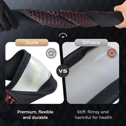 Coverado Nappa Leather Steering Wheel Cover Universal 14-15 Inch Anti-Slip Breathable Steering Wheel Protector Luxury Auto Decor for Men Women Redline