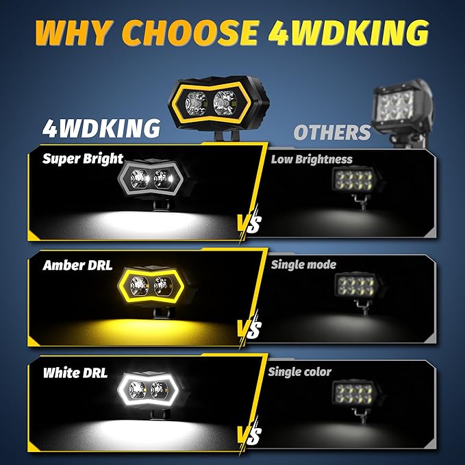 4WDKING LED Pod Lights 4 Inch with Dual-Color DRL Flood Beams Offroad Driving & Work Lights for Motorcycle Truck UTV ATV SUV 4x4 IP68 Waterproof (1 Pack)