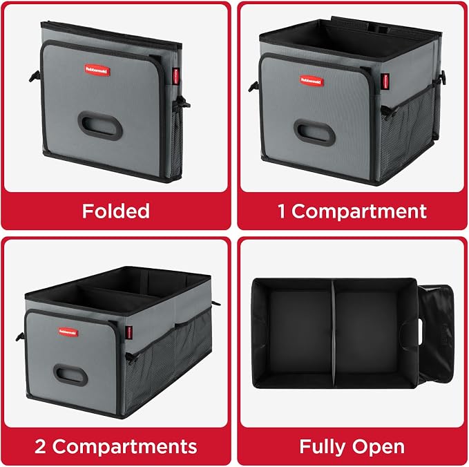 Rubbermaid Car Organizer, Collapsible Trunk Organizer, Multi-Compartment Car Storage Organization for Car Accessories, 2 Compartments-Gray