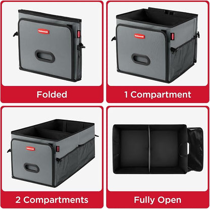 Rubbermaid Car Organizer, Collapsible Trunk Organizer, Multi-Compartment Car Storage Organization for Car Accessories, 2 Compartments-Gray