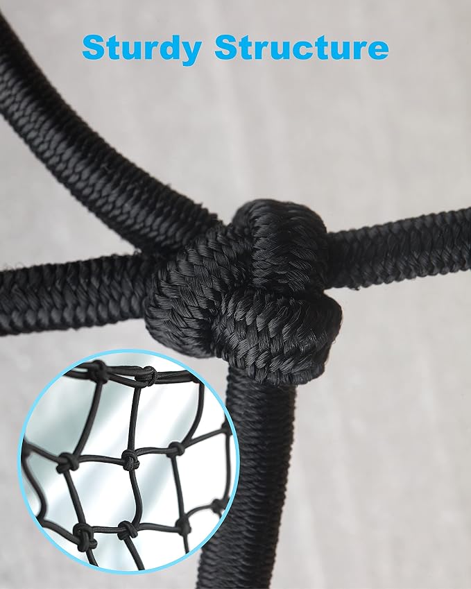 15.7"x15.7" Cargo Net, Heavy Duty Bungee Net Stretches to 31.5"x31.5", Gear Helmet Luggage Thicken Netting with 3"x3" Small Mesh & 6 Adjustable Metal Hooks for Motorcycle, Bike, ATV