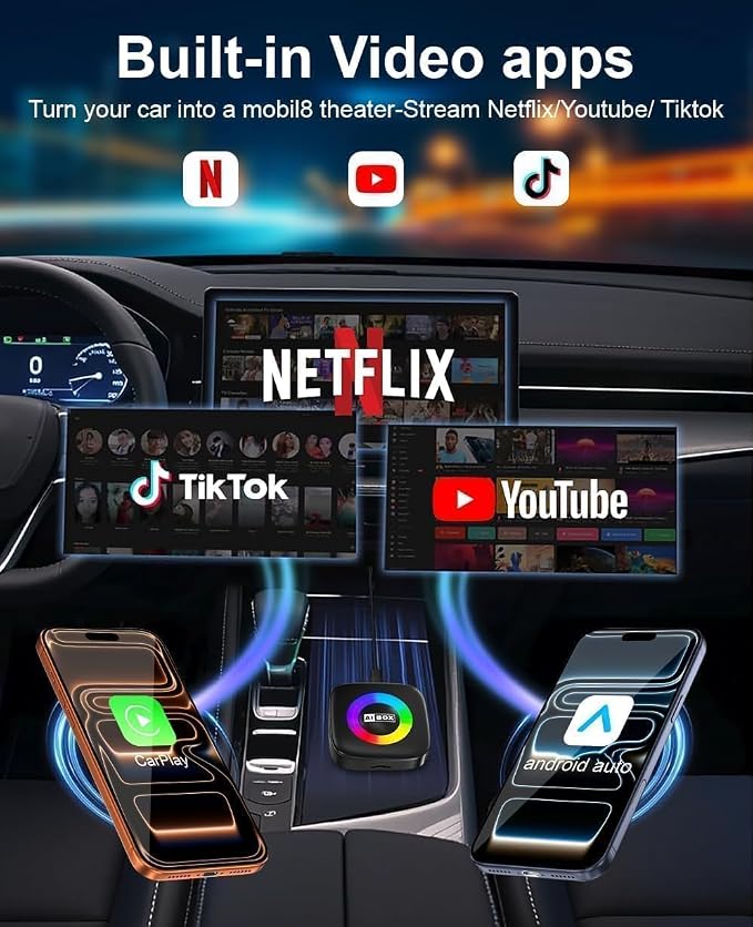 Wireless Carplay Adapter for iPhone Ai Magic Box with Netflix/YouTube Supports TF/Card Dongle Plug and Play Easy Setup Carplay & Android Auto Video Entertainment for iOS 10+