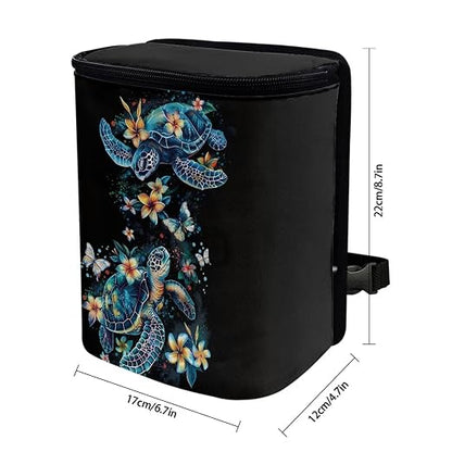 Talayituse Turtle Plumeria Print Car Trash Bin, Large Size Auto Trash Can Adjustable Portable Garbage Can with Lid, Vehicle Hanging Bag for Headrest Front Back Seat