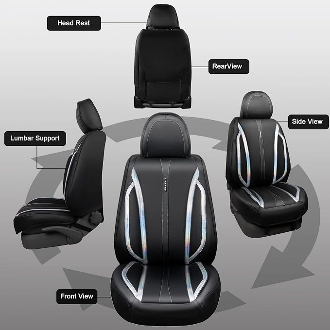 CAR PASS Nappa Leather Seat Covers, Waterproof Durable Universal fit for Women Girly SUV Truck,Anti-Slip Driver Seat Cover with Backrest, full set 5 Holographic Black Silver strips Iridescent colorful
