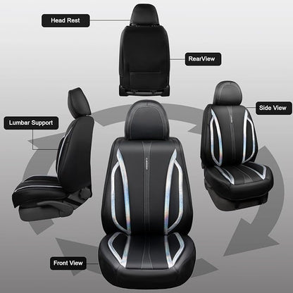 CAR PASS Nappa Leather Seat Covers, Waterproof Durable Universal fit for Women Girly SUV Truck,Anti-Slip Driver Seat Cover with Backrest, full set 5 Holographic Black Silver strips Iridescent colorful