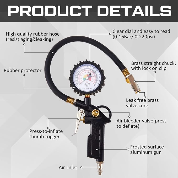 2 Pieces Tire Inflator Deflator Air Pressure Gauge with Rubber Hose 220 PSI Pressure Gauge Air Chuck, 2.8 Inch Dial and Straight Brass Lock on Chuck for RV Car Motorcycle Bike Attachment