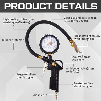 2 Pieces Tire Inflator Deflator Air Pressure Gauge with Rubber Hose 220 PSI Pressure Gauge Air Chuck, 2.8 Inch Dial and Straight Brass Lock on Chuck for RV Car Motorcycle Bike Attachment
