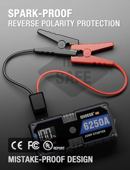 6250A Jump Starter Battery Jump Starter Battery Pack (for All Gas or 9.0+L Diesel), 2 USB Port, 12V Potable Car Jump Start with 3.2″ HD Display 48-Months Stand-by Time