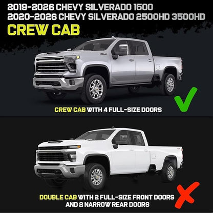 BINARY STAR Running Boards Compatible with 2019-2026 Chevy Silverado/GMC Sierra 1500 Crew Cab, 20-26 Silverado/Sierra 2500HD 3500HD Crew Cab, 4-Steps Design Running Boards, Carbon Steel Side Step