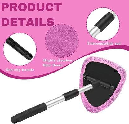 Car Window Cleaner, Car Cleanser Brush, Car Accessories Car Cleaning Supplies Tools, Car Cleaning Kit with Extendable Handle, Microfiber Cloth, Spray Bottle, Fits All Cars (Pink)