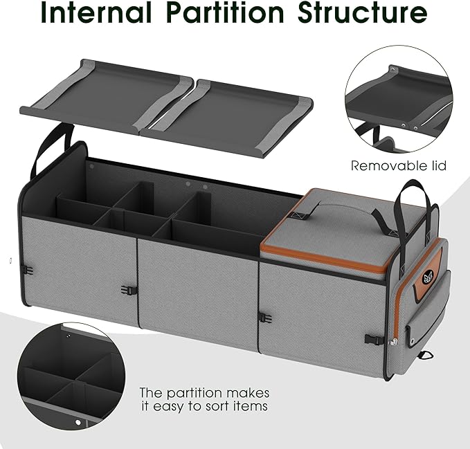 SugarFox Car Trunk Organizer for SUV, Heavy Duty Waterproof Trunk Organizer, Foldable Collapsible Car Organizer with Cooler, Multi-Compartment Large Trunk Organizer (95L), Gray-M003
