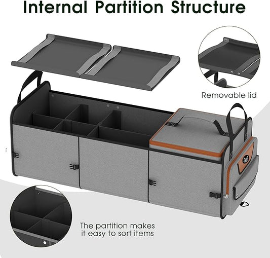 SugarFox Car Trunk Organizer for SUV, Heavy Duty Waterproof Trunk Organizer, Foldable Collapsible Car Organizer with Cooler, Multi-Compartment Large Trunk Organizer (95L), Gray-M003