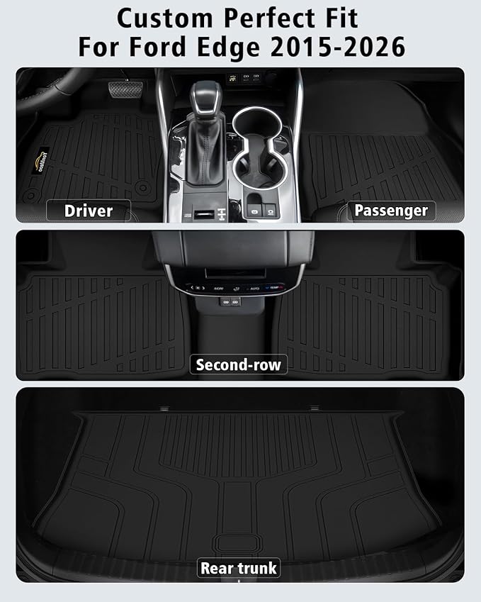 Floor Mats & Cargo Liner Custom Fit for Ford Edge 2015-2024 2025 2026, Door Sill Guards, All Weather TPE Rubber Anti-Slip 1st & 2nd Row & Trunk Mat Floor Liners for Edge 2024 Accessories