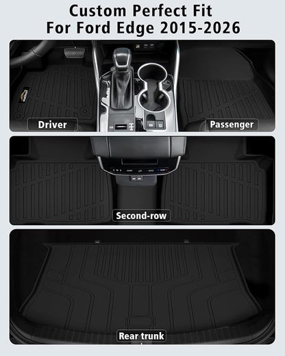 Floor Mats & Cargo Liner Custom Fit for Ford Edge 2015-2024 2025 2026, Door Sill Guards, All Weather TPE Rubber Anti-Slip 1st & 2nd Row & Trunk Mat Floor Liners for Edge 2024 Accessories