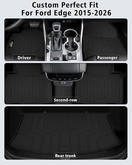 Floor Mats & Cargo Liner Custom Fit for Ford Edge 2015-2024 2025 2026, Door Sill Guards, All Weather TPE Rubber Anti-Slip 1st & 2nd Row & Trunk Mat Floor Liners for Edge 2024 Accessories
