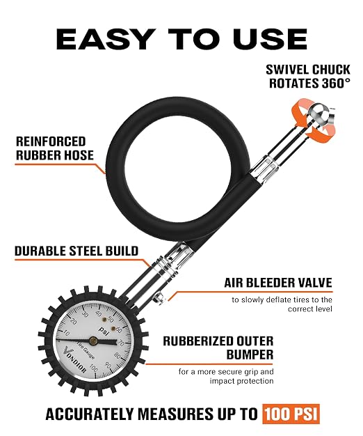 Vondior Tire Pressure Gauge (0-100 PSI) Heavy Duty Air Pressure Gauge, ANSI Certified Tire Gauge for Car and Trucks Tires with Large 2 Inch Easy to Read Glow Dial, Stocking Stuffers for Men
