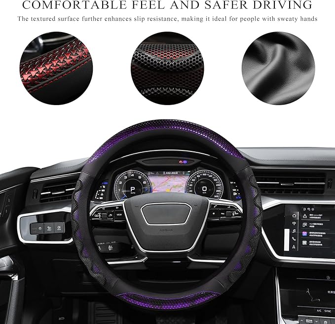 Car Steering Wheel Cover, 15 Inch Anti-Slip Steering Wheel Cover Protector with 3D Honeycomb Design, Universal Steering Wheel Covers for Truck SUV, Car Accessories (Purple, Round Shape)