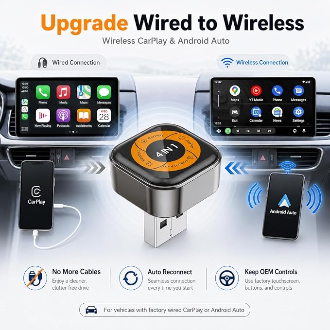 Wireless CarPlay Adapter with Android Auto, AirPlay & Miracast, 4-in-1 Wireless Adapter for Factory Wired CarPlay Cars, Screen Mirroring for iPhone & Android, Video Casting, Auto Connect