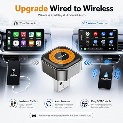 Wireless CarPlay Adapter with Android Auto, AirPlay & Miracast, 4-in-1 Wireless Adapter for Factory Wired CarPlay Cars, Screen Mirroring for iPhone & Android, Video Casting, Auto Connect