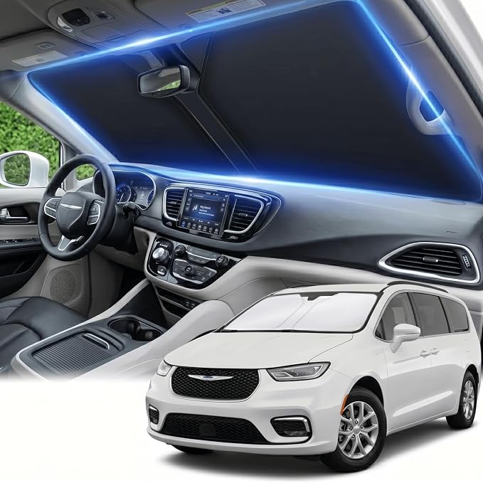 Windshield Sun Shade for Chrysler Pacifica 2017-2024 2025 2026 Front Window Shade Custom Fit Pacifica Accessories Sun Visor Foldable Shade Blocks UV Rays Summer Must Have Car Accessories