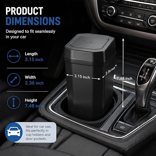 Car Trash Can, Mini Car Garbage Can with Lid, Leakproof Small Cup Holder Trash Can for Car with 60 Trash Bags, Vehicle SUV Truck Organizers and Storage for Home, Office, Black