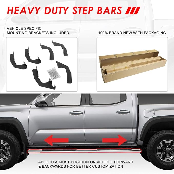Auto Dynasty Flat Running Boards Compatible with 2005-2021 Toyota Tacoma Double/Crew Cab, Stainless Steel Side Step Rail Nerf Bars, 5 Inches Step Bars, Polished Chrome