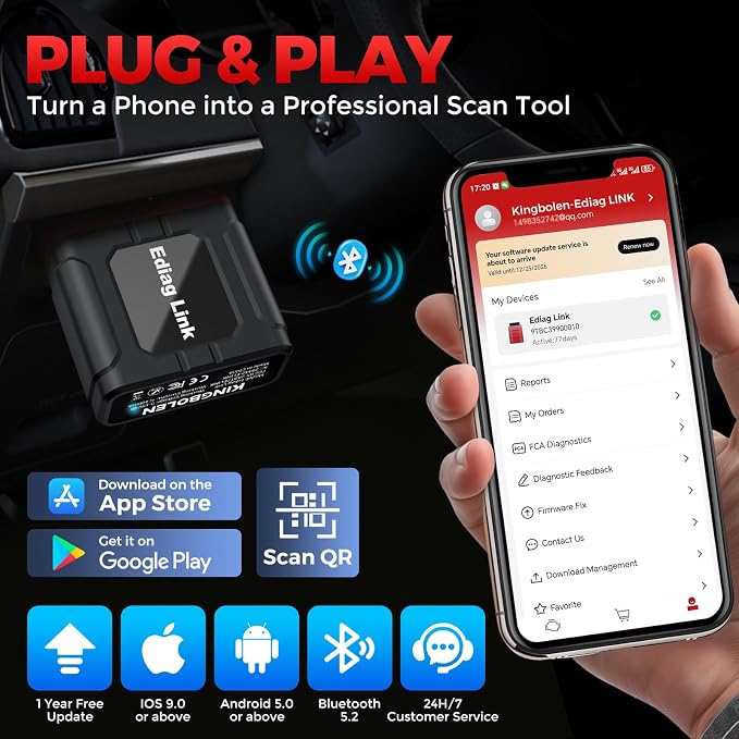 KINGBOLEN Ediag Link OBD2 Scanner Bluetooth,All System Bidirectional Scan Tool for iOS & Android,10+ Hot Reset Functions, Code Reader for Cars and Trucks,CANFD Protocol,FCA AutoAuth,1 Year Free Update