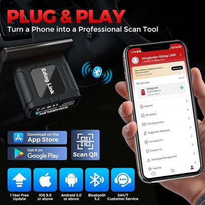 KINGBOLEN Ediag Link OBD2 Scanner Bluetooth,All System Bidirectional Scan Tool for iOS & Android,10+ Hot Reset Functions, Code Reader for Cars and Trucks,CANFD Protocol,FCA AutoAuth,1 Year Free Update