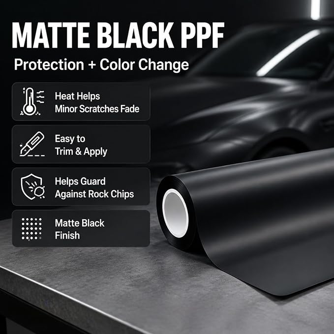 TPH Matte Black Paint Protection Film 7.5mil 60in×5ft– Self‑Healing Car Wrap Roll, Heat‑Activated Scratch Repair for Hood Bumper Headlight, Anti‑Scratch