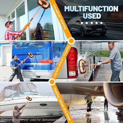 Car Wash Brush with Long Handle, Chenille Microfiber Car Wash Mop Kit, Scratch Free Car Cleaning Supplies with Ergonomic 15掳 Curved Extension Pole for RV Truck Boat Windshield - Orange