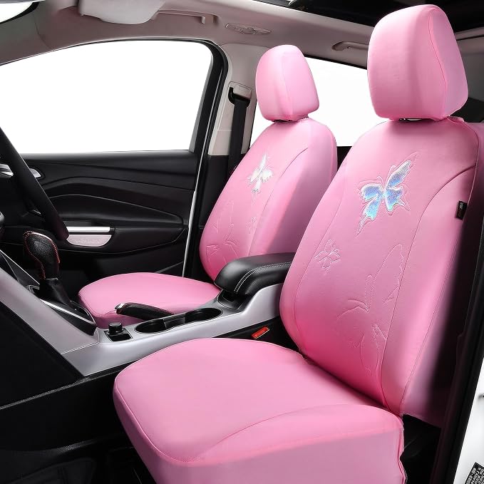 Flying Banner Butterfly car seat Covers ful Set Fashion Universal Lady Woman Female Rear Bench Split Colorized (Full Set - Lace, Solid Pink)