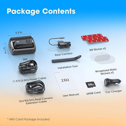 DDPAI Z60 4K Dash Cam Front and Rear, Built-in 32GB eMMC, Free 64GB Card Included, Dual Dash Camera for Cars, AI ISP Night Vision 2.0, 5GHz WiFi, GPS, G-Sensor, 7 Days AOV Parking Mode, 3" IPS, ADAS
