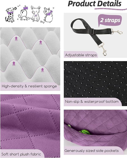 Lealchum Dog Booster Car Seat for Small/Medium Dogs,Puppy Portable Car Bed with Elevated Cushion,Fully Detachable and Washable,2 Storage Pockets,Easy to Install (Purple, Medium)