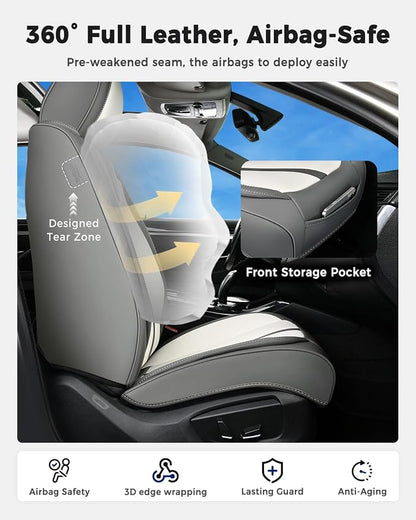 Huidasource Front Car Seat Covers Luxury Nappa Leather, Car Seat Covers Front Seats with Airbag, Front Storage Pocket, Lumbar Support Cooling＆Heating Universal Fit for Most Cars SUV Trucks, Gray&White