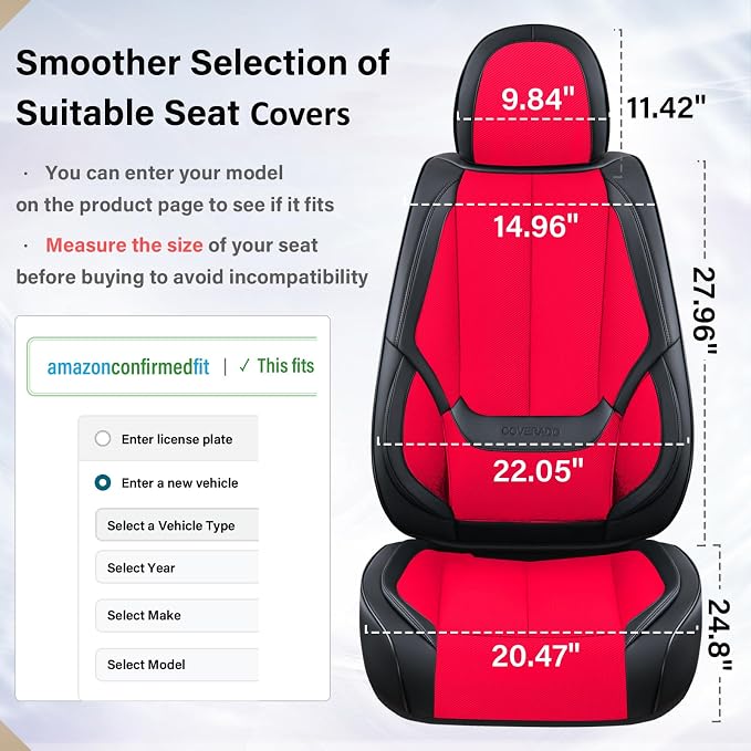 Coverado Front Seat Covers, Universal Seat Covers for Cars, Breathable Fabric&Leather Car Seat Protector, Front Car Seat Covers, Seat Covers Waterproof, Driver Seat Cover Fit for Most Cars, BlackRed