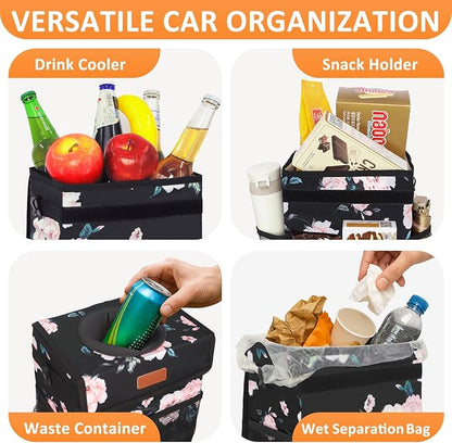Vankor 3 Gallons Car Trash Can with Lid, Car Bag Bin Hanging Waterproof Automotive Garbage Cans Leak Proof Vehicle Trash Can Black Floral