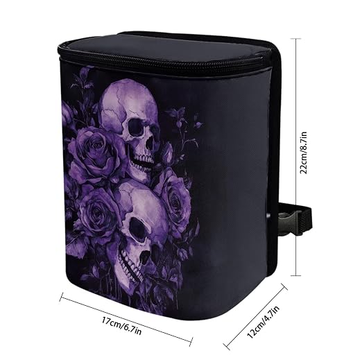 Purple Skull Roses Pattern Car Trash Can with Lid and Zipper Portable Foldable Trash Bin for Car Interior Accessories Multipurpose Garbage Can Bags Storage Organizer Halloween Decor