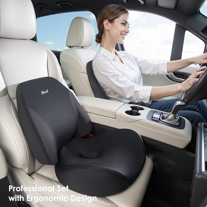 FLORICH Upgraded Ergonomic Memory Foam Car Seat Cushion with Lumbar Support, Non-Slip, Washable Driving Seat Cushion for Back & Sciatica Pain Relief, Large Car Seat Cushion Driver, Office-Black