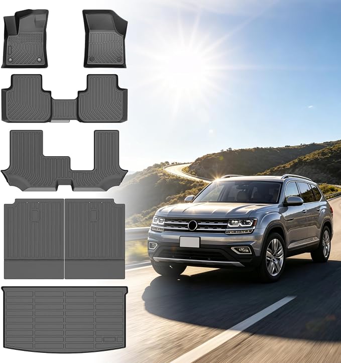 Floor Mats for VW Atlas 2018-2026, for Volkswagen Atlas TPE Floor Mats, ONLY 7 Bench Seats, NOT for Cross Sport, Non-Slip Waterproof Front& Rear& 3rd Row & Cargo & Backrest Mats