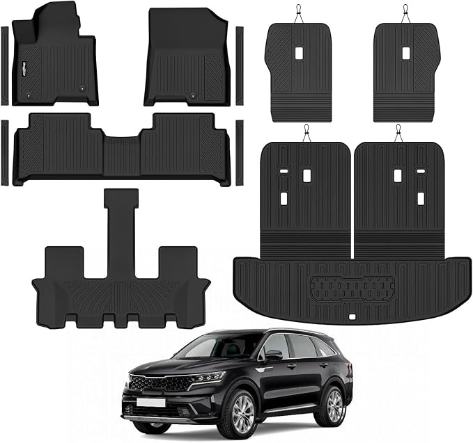 Floor Mats for 2021-2026 Kia Sorento Hybrid 6 Seats/Captain Chairs (Not for Gas), Trunk Mat & Backrest Mat & Door Sill Guard All Weather TPE Protector for Sorento Accessories