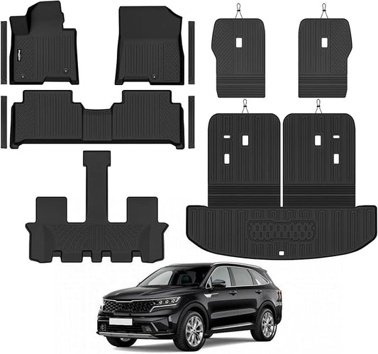 Floor Mats for 2021-2026 Kia Sorento Hybrid 6 Seats/Captain Chairs (Not for Gas), Trunk Mat & Backrest Mat & Door Sill Guard All Weather TPE Protector for Sorento Accessories