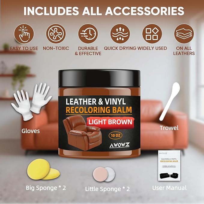 Leather Recoloring Balm - Scratch Repair & Color Restore Kit for Faded Leather, Couch & Car Seats - 10OZ Leather Restorer Balm for Furniture, Auto Interior, Vinyl, Accessories (Light Brown-Tan)