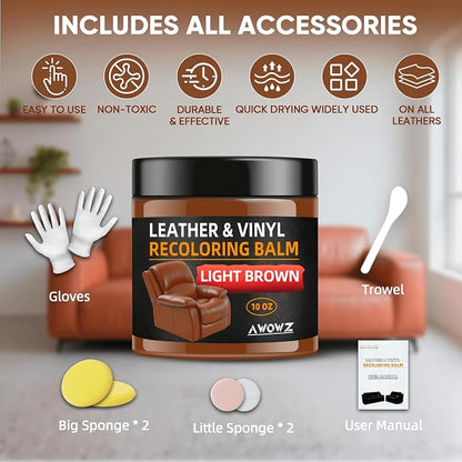 Leather Recoloring Balm - Scratch Repair & Color Restore Kit for Faded Leather, Couch & Car Seats - 10OZ Leather Restorer Balm for Furniture, Auto Interior, Vinyl, Accessories (Light Brown-Tan)