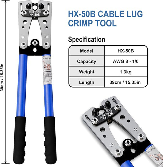 Sanuke Battery Cable Lug Crimping Tool for AWG10-1/0, Wire Crimper with 78pcs Copper Lug Ring Terminal Connectors, 110pcs Heat Shrink Tubing, Electrical Wire Crimping Tool Set
